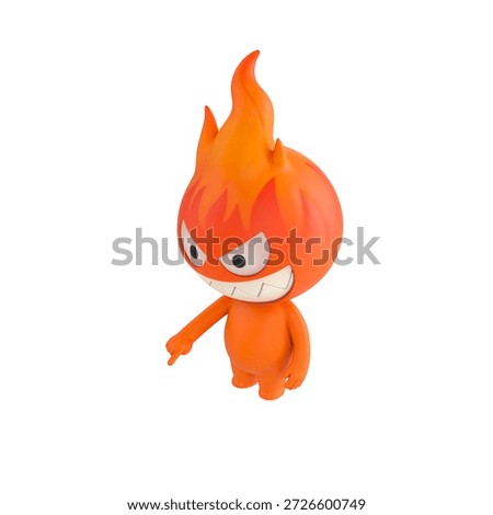 Cute 3D render Fire Monster character pointing down at the ground in front, indicating or highlighting something, friendly mascot style, isolated on white background.