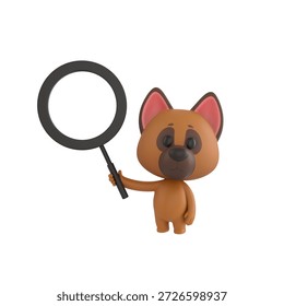 Cute 3D render German Shepherd Dog character standing and holding a large magnifying glass, showing curiosity, searching, and investigation, isolated on white background.