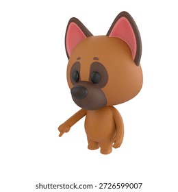 Cute 3D render German Shepherd Dog character pointing down at the ground in front, indicating or highlighting something, friendly mascot style, isolated on white background.