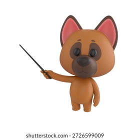 Cute 3D render German Shepherd Dog character pointing to the side with a stick, explaining or teaching something, friendly mascot style, isolated on white background.