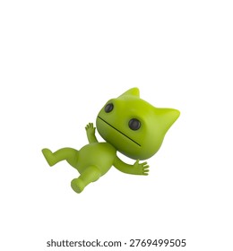 Cute 3D render Green Monster character slipping and falling, surprised and playful expression, dynamic mascot style, isolated on white background.