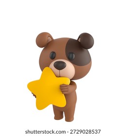 Cute 3D render Jack Russell Dog character hugging a star, showing love, warmth, and appreciation, isolated on white background.