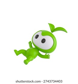 Cute 3D render Leaf Mascot character slipping and falling, surprised and playful expression, dynamic mascot style, isolated on white background.
