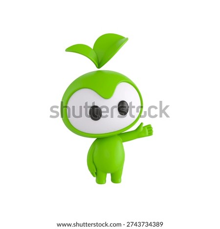 Cute 3D render Leaf Mascot character gesturing to the side, friendly and cheerful mascot style, presenting or introducing something, isolated on white background.