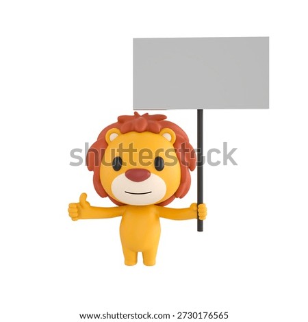 Cute 3D render Lion character holding a blank sign with one hand and giving a thumbs up with the other, friendly and positive mascot style, isolated on white background.