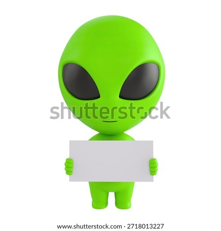 Cute 3D render Little Alien character standing and holding a small blank white sign, neutral and versatile pose for messages or announcements, isolated on white background.