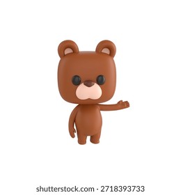 Cute 3D render Little Bear character presenting to the side while facing the camera, friendly and confident mascot style, isolated on white background.