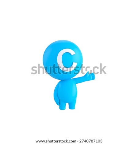 Cute 3D render Little C Boy character gesturing to the side, friendly and cheerful mascot style, presenting or introducing something, isolated on white background.