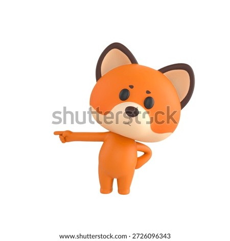 Cute 3D render Little Fox character pointing to the side with one hand while the other rests on the hip, confident and instructive pose, isolated on white background.