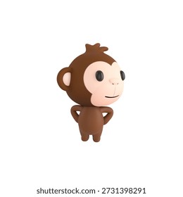 Cute 3D render Monkey character standing with hands on hips, body facing forward while looking to the side, confident and thoughtful pose, isolated on white background.