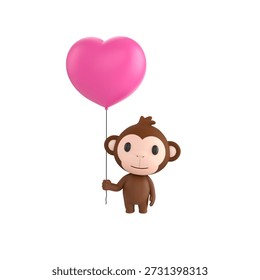 Cute 3D render Monkey character standing and holding a heart-shaped balloon, sweet and affectionate pose, isolated on white background.
