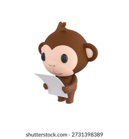 Cute 3D render Monkey character standing and reading a sheet of paper, focused and thoughtful mascot style, isolated on white background.