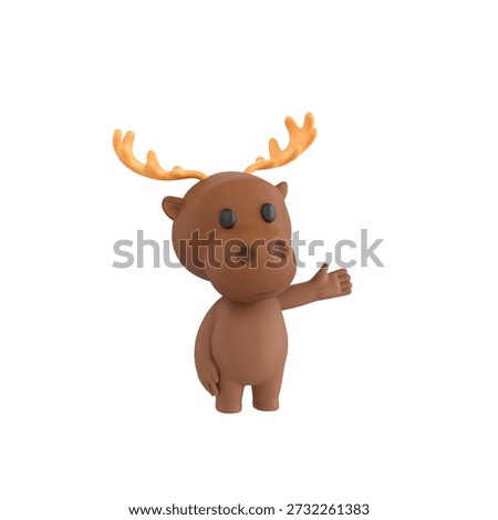Cute 3D render Moose character gesturing to the side, friendly and cheerful mascot style, presenting or introducing something, isolated on white background.