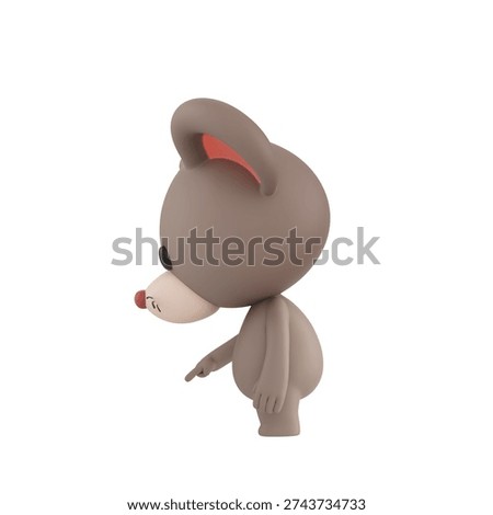 Cute 3D render Mouse character turned sideways to the camera, pointing down at the ground in front, indicating focus or attention, isolated on white background.