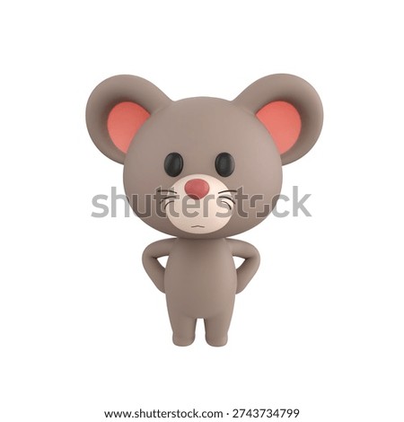 Cute 3D render Mouse character standing with hands on hips, confident and assertive mascot style, isolated on white background for leadership, attitude, and digital design.