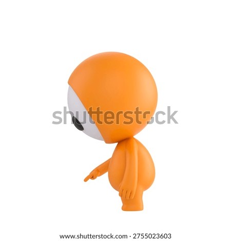 Cute 3D render Orange Bot character turned sideways to the camera, pointing down at the ground in front, indicating focus or attention, isolated on white background.