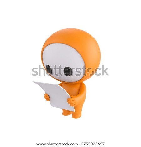 Cute 3D render Orange Bot character standing and reading a sheet of paper, focused and thoughtful mascot style, isolated on white background.