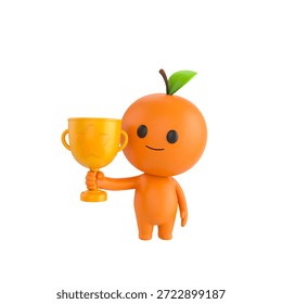 Cute 3D render Orange character standing and holding up a trophy, proud and celebratory pose, isolated on white background.