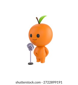 Cute 3D render Orange character standing and speaking into a microphone, confident presentation pose, isolated on white background.