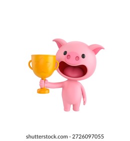 Cute 3D render Pig character standing and holding up a trophy, proud and celebratory pose, isolated on white background.