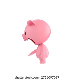 Cute 3D render Pig character turned sideways to the camera, pointing down at the ground in front, indicating focus or attention, isolated on white background.