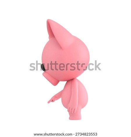 Cute 3D render Piglet character turned sideways to the camera, pointing down at the ground in front, indicating focus or attention, isolated on white background.