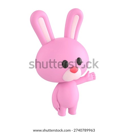 Cute 3D render Pink Bunny character gesturing to the side, friendly and cheerful mascot style, presenting or introducing something, isolated on white background.