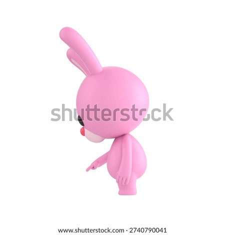 Cute 3D render Pink Bunny character turned sideways to the camera, pointing down at the ground in front, indicating focus or attention, isolated on white background.