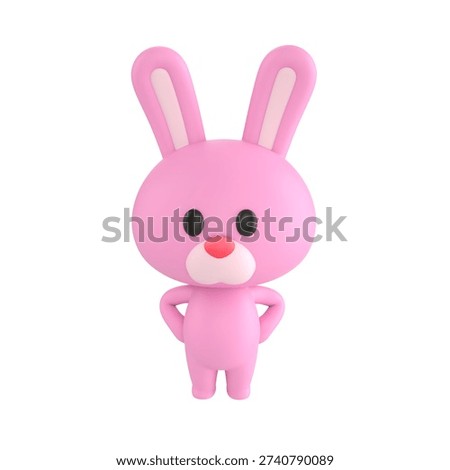 Cute 3D render Pink Bunny character standing with hands on hips, confident and assertive mascot style, isolated on white background for leadership, attitude, and digital design.