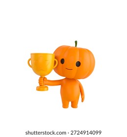 Cute 3D render Pumpkin character standing and holding up a trophy, proud and celebratory pose, isolated on white background.