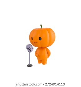Cute 3D render Pumpkin character standing and speaking into a microphone, confident presentation pose, isolated on white background.