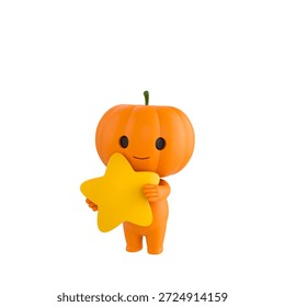 Cute 3D render Pumpkin character hugging a star, showing love, warmth, and appreciation, isolated on white background.