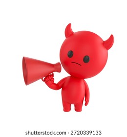 Cute 3D render Red Devil character making an announcement through a megaphone, expressive and energetic mascot style, isolated on white background.