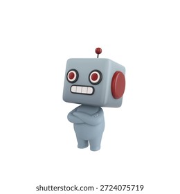 Cute 3D render Robot character standing with arms crossed, confident and proud mascot style, isolated on white background.