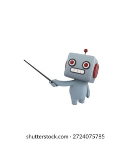 Cute 3D render Robot character holding a pointing stick and gesturing to the side, looking upward with a confident and instructive pose, isolated on white background.