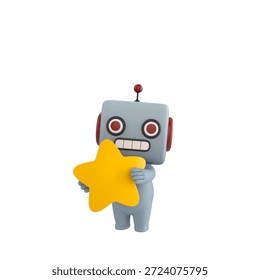 Cute 3D render Robot character hugging a star, showing love, warmth, and appreciation, isolated on white background.
