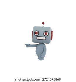 Cute 3D render Robot character pointing to the side while facing the camera, one hand relaxed at the side, friendly and confident mascot style, isolated on white background.