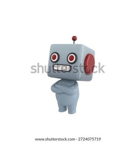 Cute 3D render Robot character standing with arms crossed, confident and proud mascot style, isolated on white background.