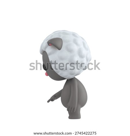 Cute 3D render Sheep character turned sideways to the camera, pointing down at the ground in front, indicating focus or attention, isolated on white background.