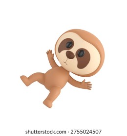 Cute 3D render Sloth character slipping and falling, surprised and playful expression, dynamic mascot style, isolated on white background.