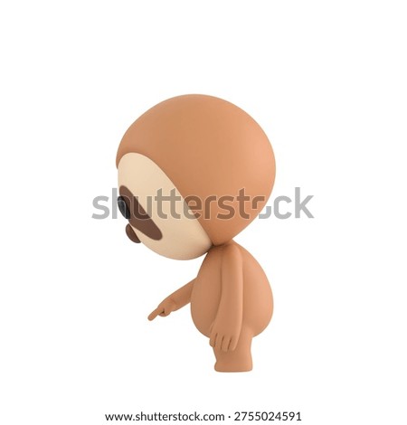 Cute 3D render Sloth character turned sideways to the camera, pointing down at the ground in front, indicating focus or attention, isolated on white background.