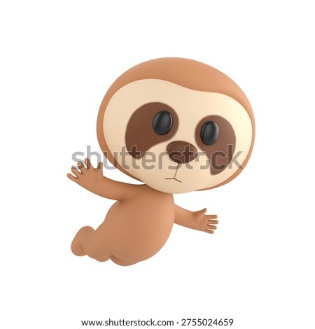 Cute 3D render Sloth character flying freely in the air, joyful and carefree mascot style, isolated on white background for freedom, imagination, and digital design.