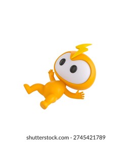 Cute 3D render Thunder Mascot character slipping and falling, surprised and playful expression, dynamic mascot style, isolated on white background.