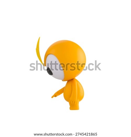 Cute 3D render Thunder Mascot character turned sideways to the camera, pointing down at the ground in front, indicating focus or attention, isolated on white background.