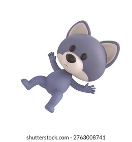 Cute 3D render Wolf character slipping and falling, surprised and playful expression, dynamic mascot style, isolated on white background.