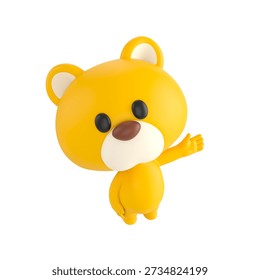 Cute 3D render Yellow Bear character looking up at the camera while gesturing to the side with one hand, friendly and welcoming pose, isolated on white background.
