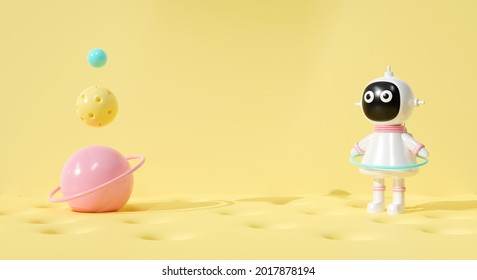 Cute 3d rendering illustration of character on yellow background abstract scene. Spaceman cartoon astronaut kid for banner, display product, stage design. Creative ideas minimalism. 