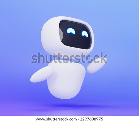 Cute 3d robot with hand up. Friendly cute cartoon robot - 3d render. Customer support chatbot, online consultant, assistant. Technology concept. Robotic toy over purple background. Realistic 3d robot.