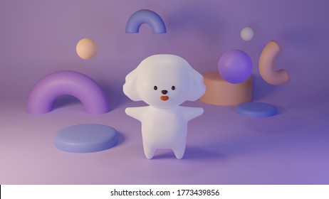 Cute and adorable white Poodle Puppy dog animal 3D rendering with purple background.