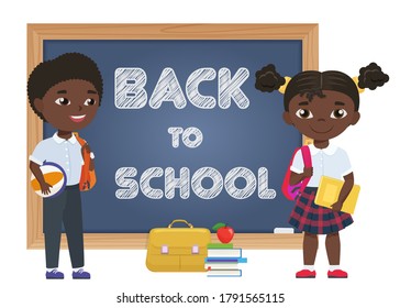 Cute African American Black Boy And Girl Kids. Back To School Isolated Cartoon Characters Near Blackboard. Illustration For A School Books, Flyer, Magazines, Posters, Cover Design